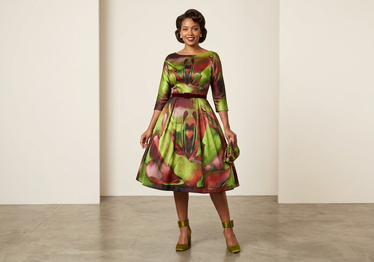 Portrait of Dawn of Time in a green and red botanical dress