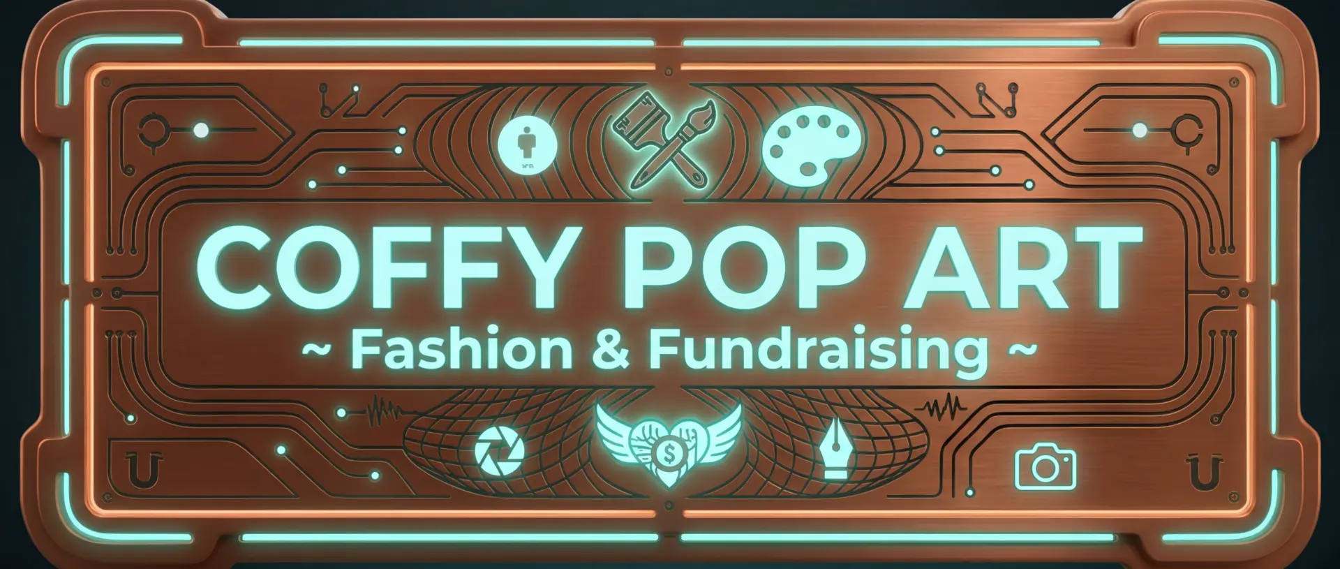 Copper circuit-board storefront sign reading Coffy Pop Art — Fashion & Fundraising